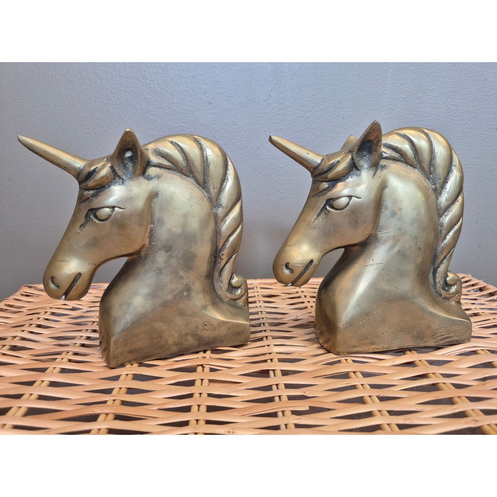 Vintage Brass Tone Unicorn Head Bookends MCM Mythical Decor Set of 2 Pair Shelf
